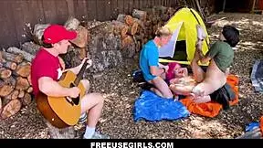 Hot pink teen gets used by boyfriend and buddies in camping blowjob action 😈