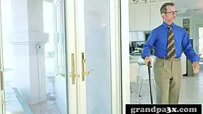 An old creep pressures his cute blonde stepgranddaughter on the sofa, craving her body to hide her secret.