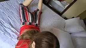 A sexy blonde sucks a big cock in front of a mirror in a hotel, her cute face covered in hot cum