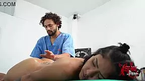 The schoolgirl eagerly eats the masseur's huge dick in the session.