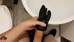 Guy uses homemade fleshlight at work desk.