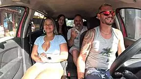 Ted rides with couple, scores shaved milf candy debby in the back