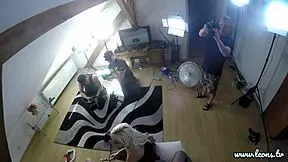 big dick blowjob threesome party with school uniform skirts and stockings on high heels backstage