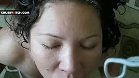 Young chubby brunette gives sensual blowjob ending in facial