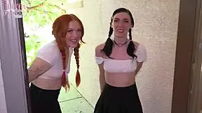 Mr Brogan intensely fucks petite Celestina in after-school threesome with muff diving. Brunette rides in lingerie quickie.