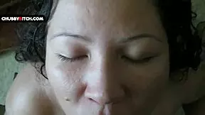 Young chubby brunette gives sensual blowjob ending in facial