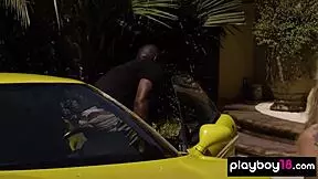 Misty Stone, the ebony MILF, enjoys a bubbly outdoor car wash with her nude teen girlfriends.