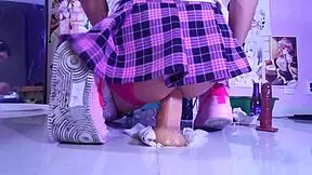 Linda’s Panties and Skirt While Riding Anal Toys for Fun