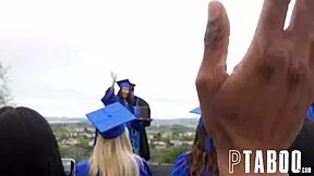 Brunette lesbian students Casey Calvert and Miranda Miller explore anal fun with a thick black strap-on dildo. 😏