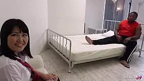 petite curvy japanese teen with big saggy natural tits at interracial mmf creampie fuck