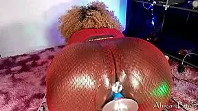 Wearing Red While Stuffing Dildo Deep in Tight African Asshole for Anal Collection Ride