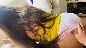 Stepmother fills tits with cum for money