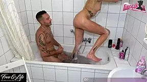 Blonde amateur swallows in tight bath fuck