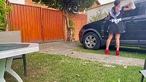 Hey, watch this cleaning girl get pounded in the garden?