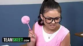 Asian Cheerleader Moans On Desk With Nerd Best Friend