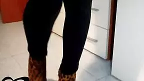 girl in heels gets cum on tongue and swallows