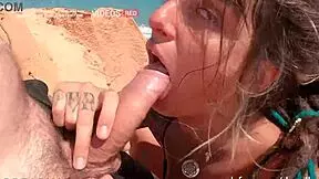 the sexy german pornstar with dreads fucks on the white hill facing the sea, riding monster cock in cowgirl.