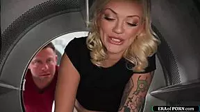 blonde stuck in laundry machine begs for help