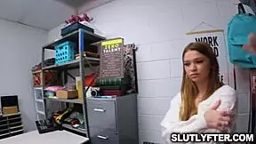 Suspected thief Mazy Myers is stripped and must pleasure the security officer.