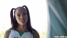 I watch petite ebony cheerleader Alexis Tae get anal by stepdad