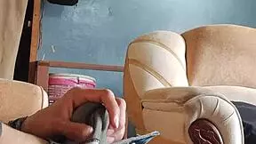 Masturbating my cock hard in the living room - damn hot!