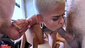 the naughty hostess with tattoo welcomes the cuckold's friends for some close-up action.