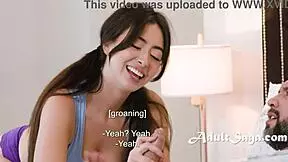 At the slumber party, the cutie catches her bestie's stepdad masturbating