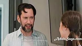 At the slumber party, the cutie catches her bestie's stepdad masturbating