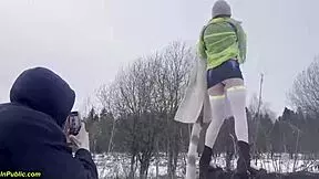 my horny girlfriend gets pounded doggystyle in snowy public park