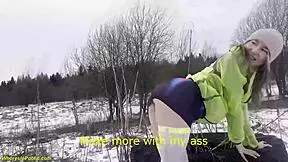 my horny girlfriend gets pounded doggystyle in snowy public park