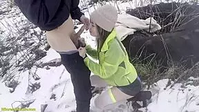 my horny girlfriend gets pounded doggystyle in snowy public park