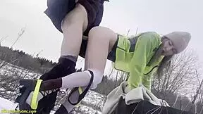 my horny girlfriend gets pounded doggystyle in snowy public park