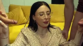 Hey, this nerdy teen shares our big cocks in a group fuck