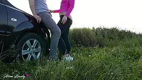 horny taxi driver fucks blonde amateur bent over by car at sunset
