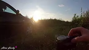 horny taxi driver fucks blonde amateur bent over by car at sunset