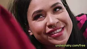 petite brunette sucks huge dick, gets bush licked and fucked