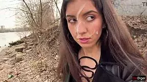 Girl Gets Facial Cumwalk Through Park in Leather Boots Shocking Everyone