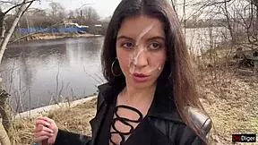 Girl Gets Facial Cumwalk Through Park in Leather Boots Shocking Everyone