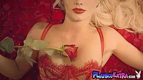 Petite blonde elsa jean strips naked among red petals 😍