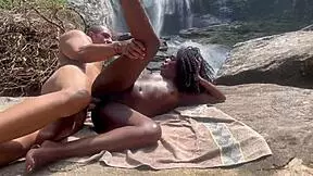 this ebony goddess is giving her tight pussy in public at the waterfall