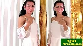 busty ladyboy mia teases while stroking in mirror