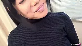 petite japanese teen feels excited in first blowbang with big natural tits