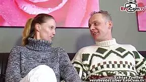 German teen 18+ girlfriend shared in first-time MMF threesome at amateur casting.