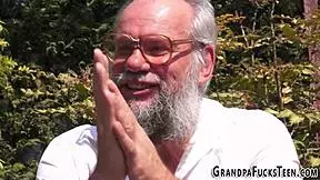 teen bent over in jeans for old man's cumshot