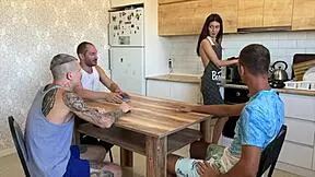 Young wife loses at cards, gets triple creampie on kitchen table.