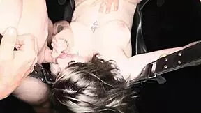 Young slut choking on cocks in wild blowbang 😈