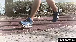 brunette fucks blonde, licks shaved pussy and tight ass