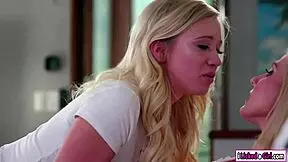 Old milf Christie gets rimmed and fingered by young blonde stepdaughter, mixing kisses with face sitting.