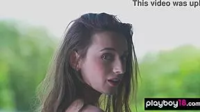 Eastern European teen hottie Gloria Sol strips naked outdoor, showing big natural tits.