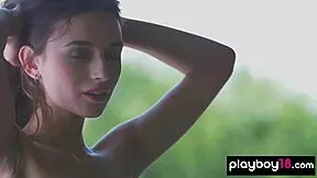 Eastern European teen hottie Gloria Sol strips naked outdoor, showing big natural tits.